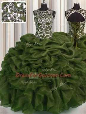 See Through Olive Green Ball Gowns Beading and Pick Ups Ball Gown Prom Dress Lace Up Organza Sleeveless Floor Length
