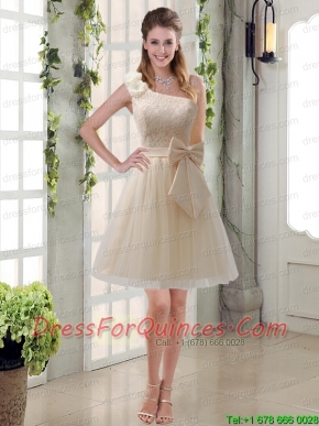 2015 Princess One Shoulder Bowknot Lace Christmas Party Dresses in Champagne