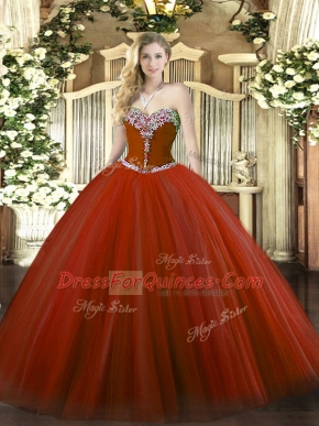 Edgy Rust Red Ball Gowns Sweetheart Sleeveless Tulle Floor Length Lace Up Beading Quinceanera Gowns