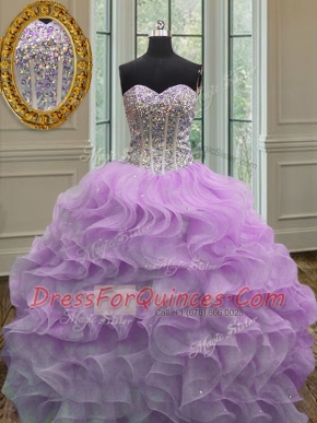 Lovely Floor Length Lilac Sweet 16 Dresses Organza Sleeveless Beading and Ruffles