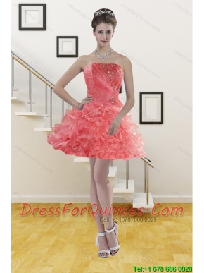 Ruffled Watermelon Red Strapless 2015 Christmas Party Dresses with Beading