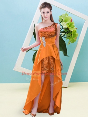 One Shoulder Sleeveless Evening Dress High Low Beading and Sequins Orange Elastic Woven Satin and Sequined