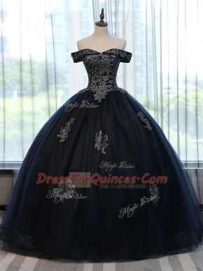 Navy Blue Ball Gowns Off The Shoulder Sleeveless Tulle Floor Length Lace Up Appliques Sweet 16 Quinceanera Dress