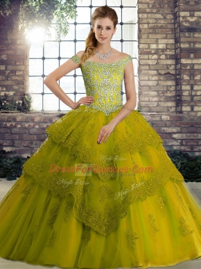 Adorable Olive Green Quinceanera Dresses Off The Shoulder Sleeveless Brush Train Lace Up