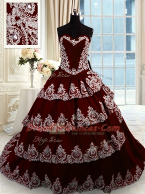 Wine Red Ball Gowns Beading and Appliques and Ruffled Layers Quinceanera Dresses Lace Up Taffeta Sleeveless With Train
