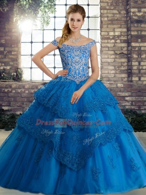 Off The Shoulder Sleeveless Brush Train Lace Up Quinceanera Dresses Blue Tulle