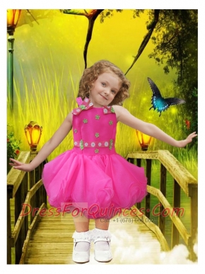 Hot Pink Tea-length Bateau Appliques and Bowknot Sweet Little Girl Dress