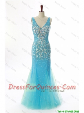 Pretty Sexy Mermaid V Neck Backless Beading Long Prom Dresses for 2016