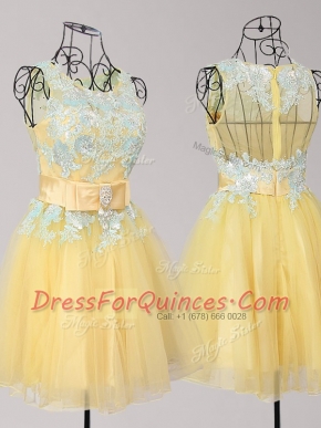 Extravagant Yellow Prom Dress Prom and Party and For with Appliques and Bowknot Scoop Sleeveless Zipper