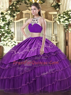 Sexy Beading and Embroidery and Ruffled Layers 15 Quinceanera Dress Purple Backless Sleeveless Floor Length