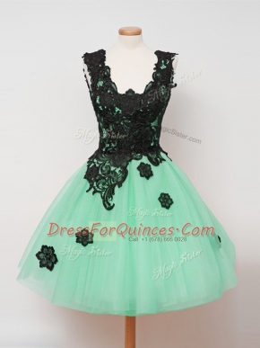 Amazing Turquoise Ball Gowns Straps Sleeveless Tulle Knee Length Zipper Lace Quinceanera Court Dresses