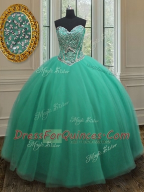Turquoise Tulle Zipper Ball Gown Prom Dress Sleeveless Floor Length Beading