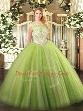 Dazzling Scoop Sleeveless Quinceanera Dress Floor Length Beading Yellow Green Tulle