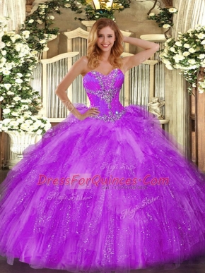 Sweetheart Sleeveless Ball Gown Prom Dress Floor Length Beading and Ruffles Eggplant Purple Organza