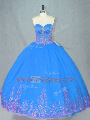 Blue Tulle Lace Up Sweetheart Sleeveless Floor Length Sweet 16 Dresses Beading and Embroidery