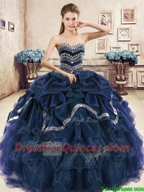 Modest Navy Blue Organza Quinceanera Dress with Beading and Pick Ups
