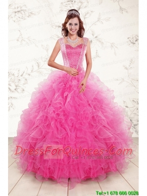 2015 Pretty Straps Hot Pink Quinceanera Dresses with Beading