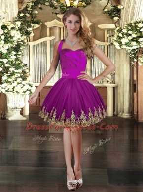 Colorful Mini Length Purple Prom Party Dress Tulle Sleeveless Embroidery