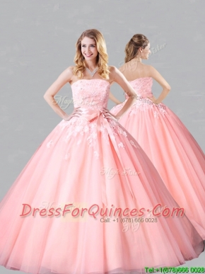 Classical Court Train Belted and Applique Sweet 16 Dress in Baby Pink