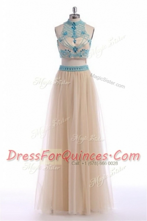 Low Price Beading and Appliques and Belt Champagne Zipper Sleeveless Floor Length