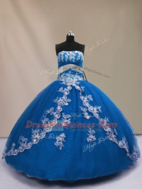 Pretty Blue Tulle Lace Up Strapless Sleeveless Floor Length Sweet 16 Quinceanera Dress Appliques