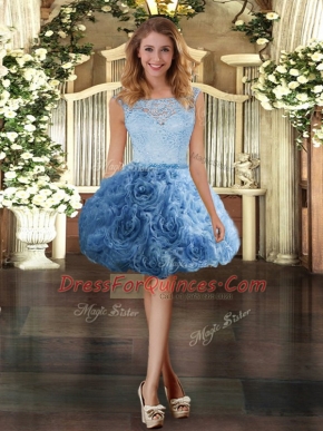 Glorious Blue Fabric With Rolling Flowers Zipper Scoop Sleeveless Mini Length Juniors Party Dress Lace