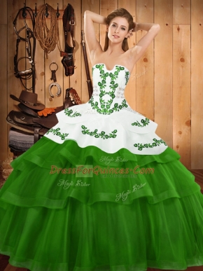 Green Ball Gown Prom Dress Tulle Sweep Train Sleeveless Embroidery and Ruffled Layers