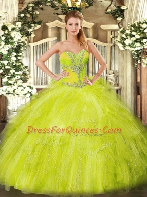 Sleeveless Floor Length Beading and Ruffles Lace Up Quinceanera Dress with Yellow Green