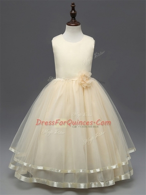 Champagne Sleeveless Floor Length Hand Made Flower Zipper Little Girls Pageant Dress Wholesale