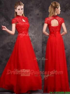 New Arrivals Applique and Laced High Neck Prom Dresses in Red