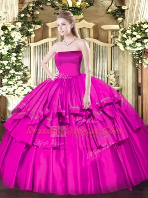 Fantastic Organza and Taffeta Strapless Sleeveless Zipper Ruffled Layers Quince Ball Gowns in Fuchsia