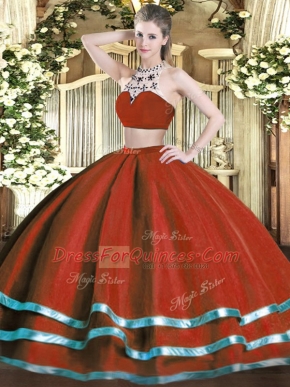 Sexy High-neck Sleeveless Quinceanera Dresses Floor Length Beading Wine Red Tulle