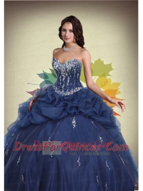 Navy Blue Sweetheart Beaded Decorate Quinceanera Dress with Pick Ups