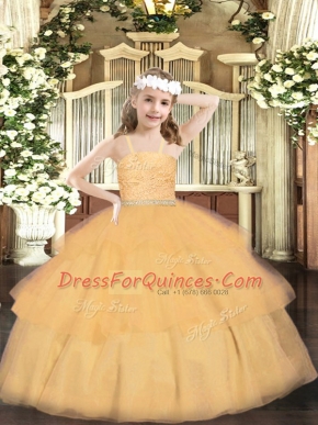 Customized Orange Ball Gowns Organza Straps Sleeveless Beading and Lace and Ruffled Layers Floor Length Zipper Pageant Dress Wholesale