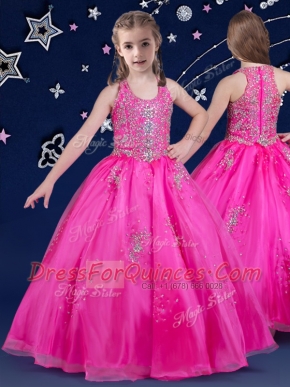 Gorgeous Organza Scoop Sleeveless Zipper Beading Little Girls Pageant Dress Wholesale in Fuchsia