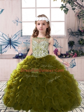 Floor Length Ball Gowns Sleeveless Olive Green Pageant Gowns For Girls Lace Up