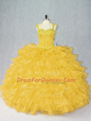 Fabulous Gold Organza Lace Up Ball Gown Prom Dress Sleeveless Floor Length Beading and Ruffles