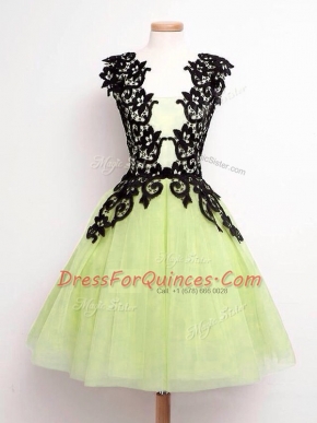 Custom Design Yellow Green A-line Tulle Straps Sleeveless Lace Knee Length Lace Up Vestidos de Damas