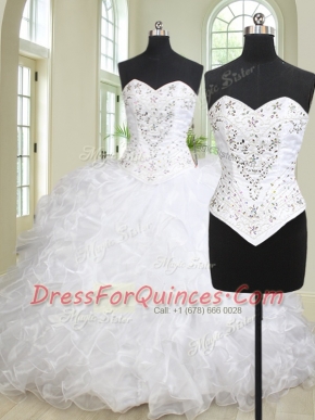 Sleeveless Brush Train Lace Up With Train Beading and Ruffles Sweet 16 Dress