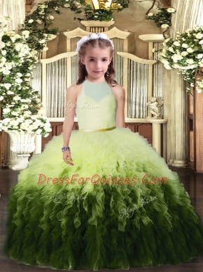 Enchanting Tulle High-neck Sleeveless Backless Ruffles Custom Made Pageant Dress in Multi-color