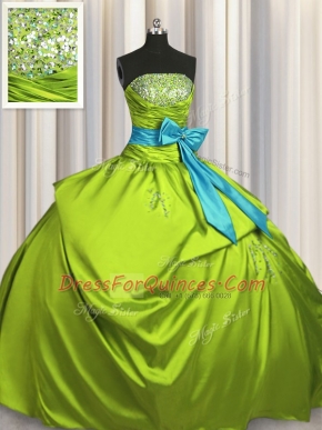 New Style Olive Green Strapless Neckline Beading and Ruching and Bowknot 15 Quinceanera Dress Sleeveless Lace Up