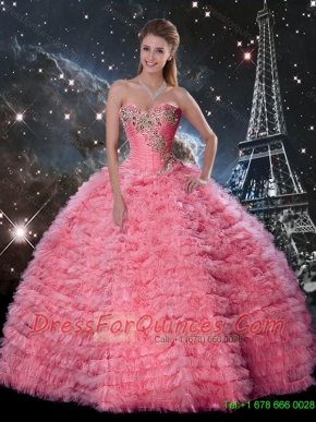 2016 Modest Rose Pink Sweetheart Quinceanera Dresses with Beading and Ruffles