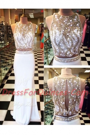 White Empire Chiffon Scoop Sleeveless Beading and Appliques Floor Length Zipper Prom Gown
