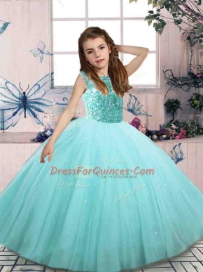 Aqua Blue Scoop Neckline Beading Little Girl Pageant Gowns Sleeveless Lace Up
