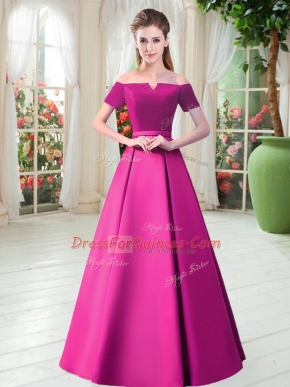 Sumptuous Short Sleeves Satin Floor Length Lace Up Homecoming Dress in Fuchsia with Belt