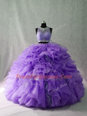 Elegant Sleeveless Floor Length Beading and Ruffles Zipper Quinceanera Gown with Lavender Brush Train