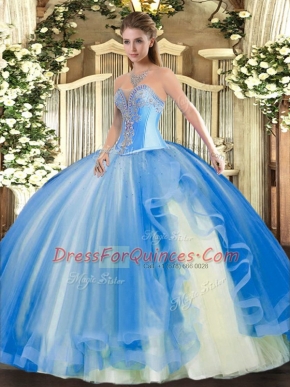Lovely Baby Blue Sweetheart Neckline Beading and Ruffles Quinceanera Gown Sleeveless Lace Up