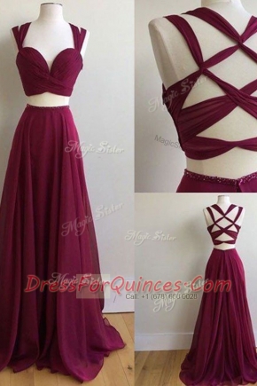 Noble With Train Criss Cross Prom Evening Gown Burgundy for Prom with Ruching Sweep Train