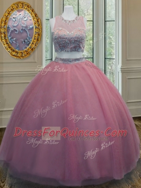 Enchanting Scoop Pink Two Pieces Ruffled Layers and Sashes ribbons Sweet 16 Quinceanera Dress Zipper Tulle Sleeveless Floor Length