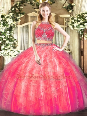 Coral Red Sleeveless Beading and Ruffles Floor Length Quince Ball Gowns